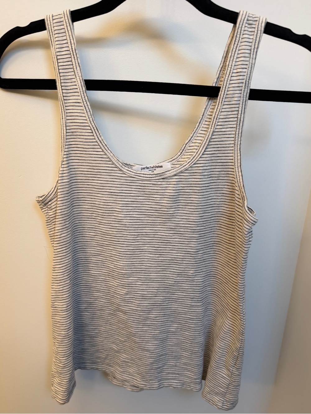 perfectwhitetee Cream Tank Top with Black Micro Stripes
